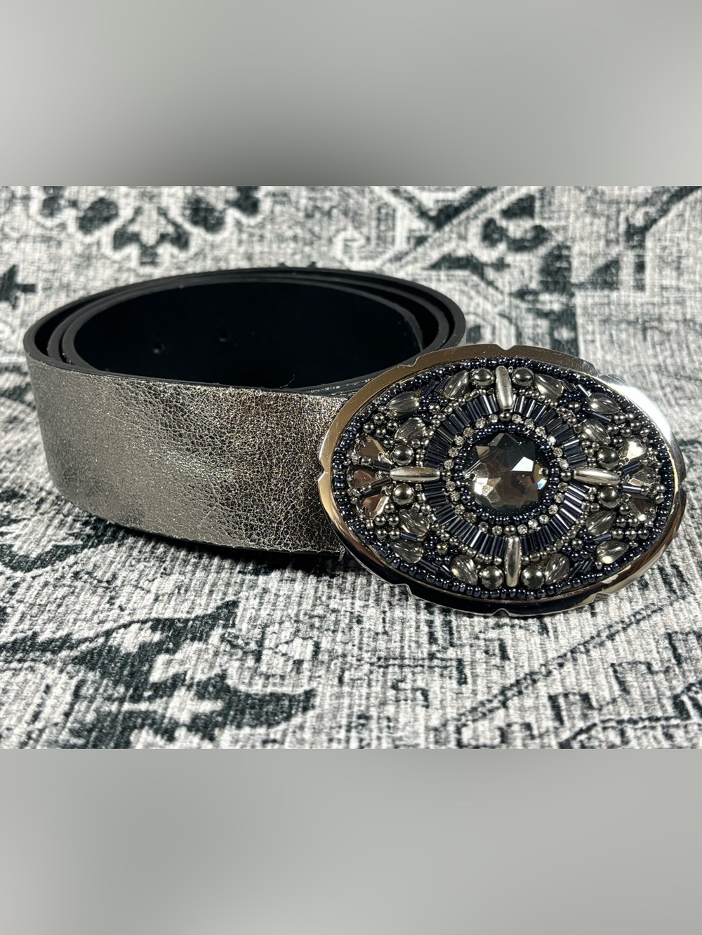 Chicos Sapphire Smoke Silver Slouch Belt Size Small Jeweled Beaded Buckle NWT‎